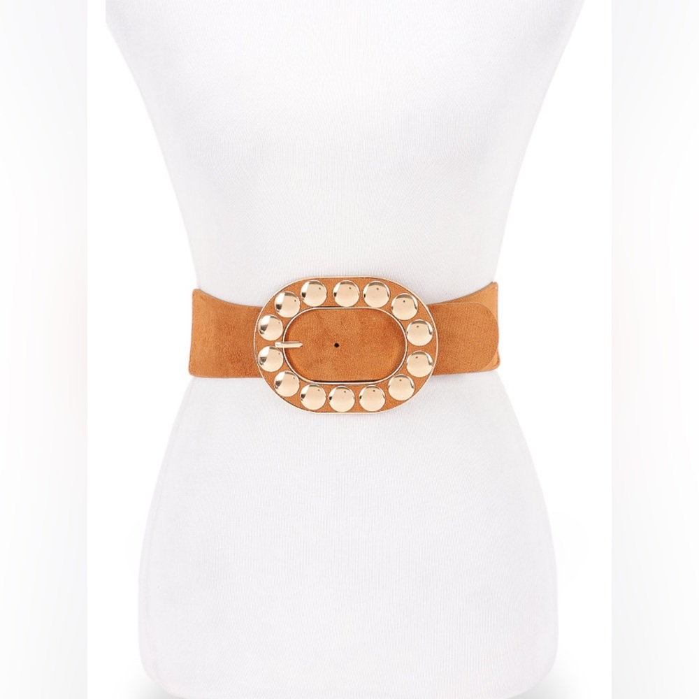 Wide Waist Suede Statement Belt with Gold Studded Oval Buckle